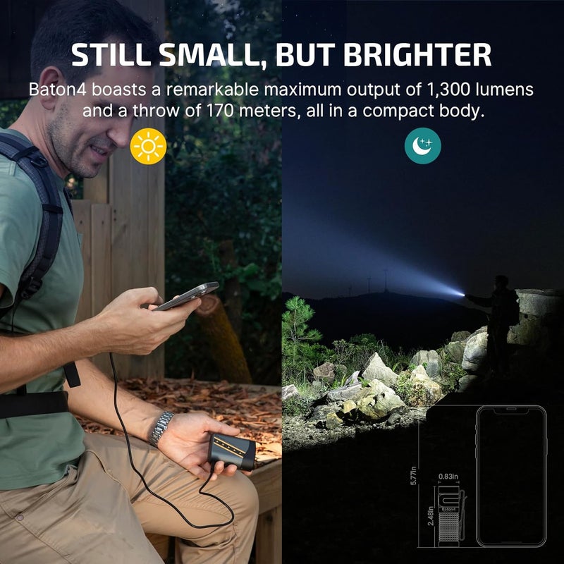 OLIGHT Baton4 Rechargeable EDC Flashlight, LED Pocket Light 1300 Lumens with Magnetic Charging Cable, 6 Modes, IPX8 Waterproof for Home, Camping and Emergency (Fighter Pilot) - Image 5